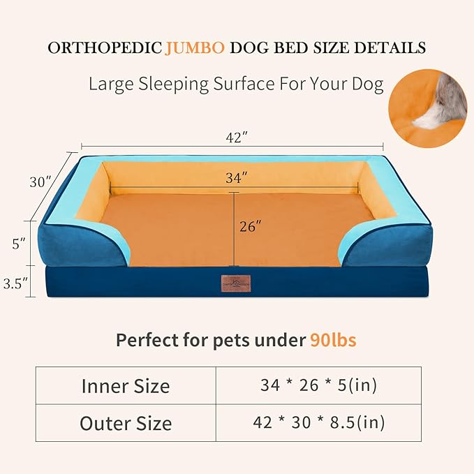 Comfort Expression Orthopedic Dog Bed for Extra Large Dogs 42x30 Inch, Waterproof Egg Crate Foam XL Pet Bed with Removable Bolsters, Dog Couch with Washable Cover & Non-Slip Bottom, Golden Harbor