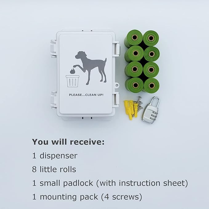Dog Poop Bag Dispenser Wall Mounted Outdoor Pet Poop Bags Storage Container with Lock, 8 Small Rolls Stake, Pole, Fence Mountable fits Home Commercial Occasion(White dispenser+8 rolls+lock)