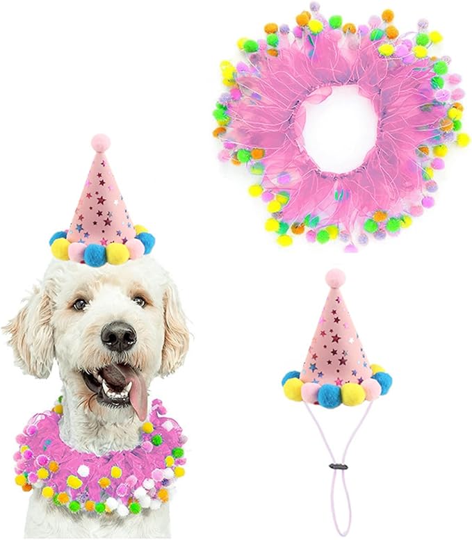 Lionheart glory Birthday Dog Collars, Blue Cute Colorful Dog Collar with a Hat Elastic Fancy Holiday Accessory for Dogs Pet Costume for Birthday Party Boy