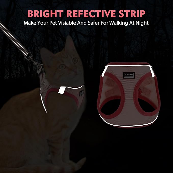 Cat Harness and Leash Set, Soft and Breathable Vest with Reflective Strip, Escape Proof Kitten Harness, Easy to Wear for Cats Walking and Traveling (Pink, L)