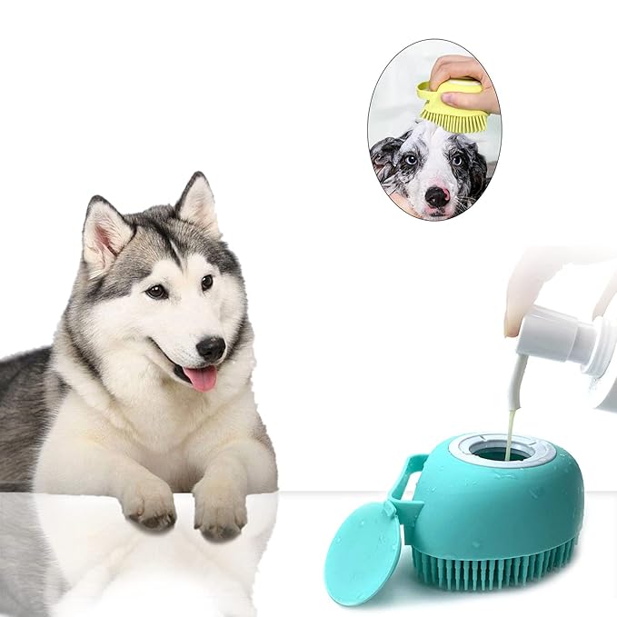 ELEGX Pet Grooming Bath Massage Brush with Soap and Shampoo Dispenser Soft Silicone Bristle for Long Short Haired Dogs Cats Shower (Pink)