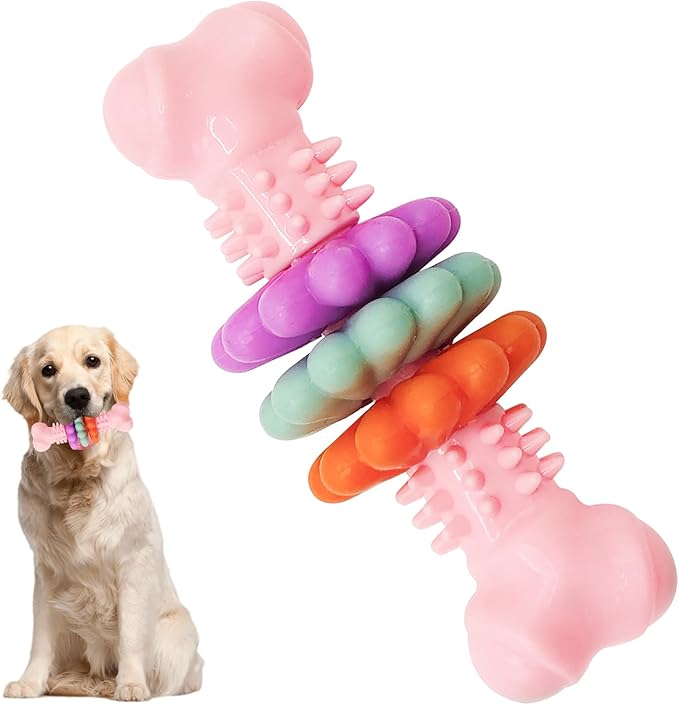 Puppy Chew Toys for Teething, Durable Dog Chew Toy for Aggressive Chewers, Tough TPR Rubber Bone Toy for Small & Medium Dogs, Teeth Cleaning & Anxiety Relief(Pink)