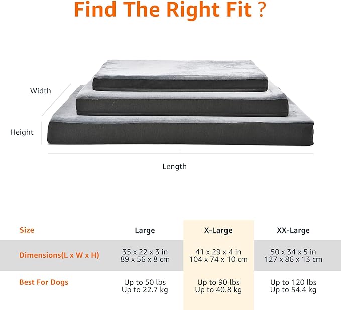 Amazon Basics Dog Bed with Cooling Gel Memory Foam, Machine Washable Removable Cover, Anti-Slip Bottom, Pressure-Relief Support for Dogs up to 90lbs, Extra Large (41" x 29"), Grey