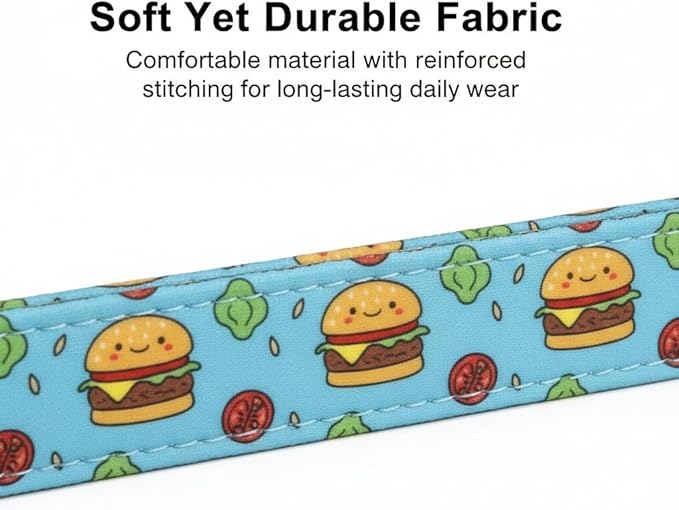 Cute Dog Collar, Blue Dog Collar with Burger Pattern and Cute Charm, Puppy Collar with Quick Release Buckle and Durable Fabric, Suitable for Medium and Large Dogs