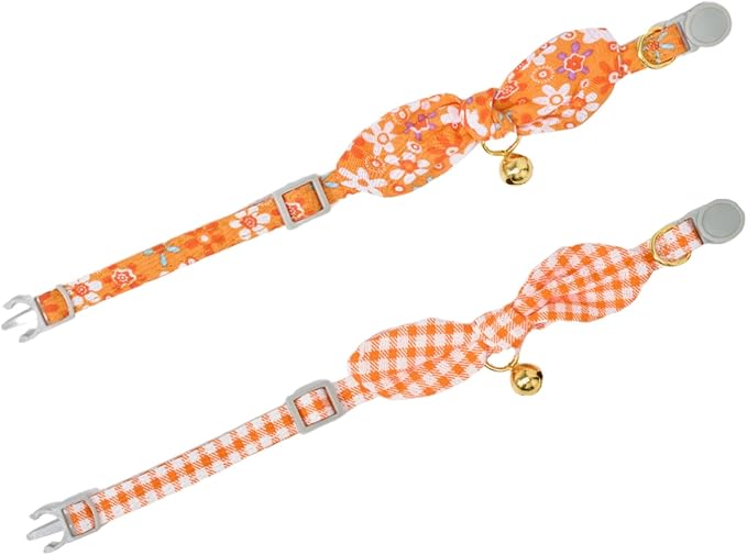 Bowtie Cat Collar with Bell 2 Pack Cotton Breakaway Kitten Collars with Removeable Bunny Ear Stylish Cat Collars(Floral Orange & Plaid)