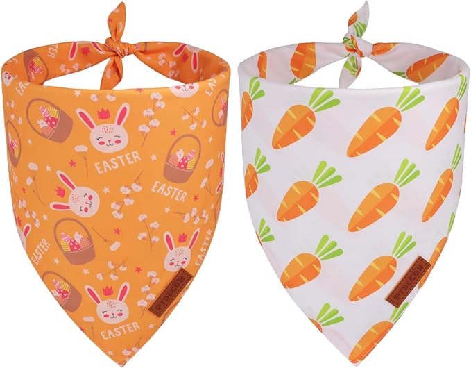 PTDECOR Easter Dog Bandana 2 Pack, Reversible Rabbit Carrot Dog Scarf, Multi Size Offered, Yellow White Easter Bandanas for Small Dogs Pets (Small)