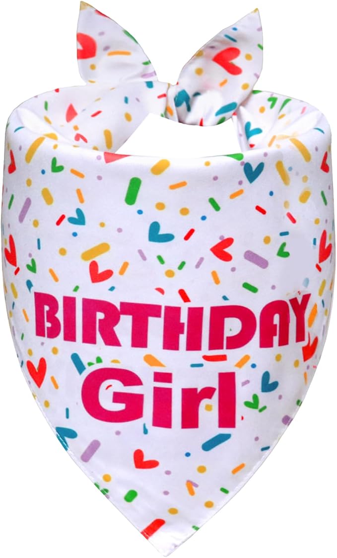 Dog Birthday Bandana Girl for Small Dogs, Reversible 2 Patterns in 1, White & Pink Confetti Scarf, Puppy Party Outfit Gift (9-14" Neck)
