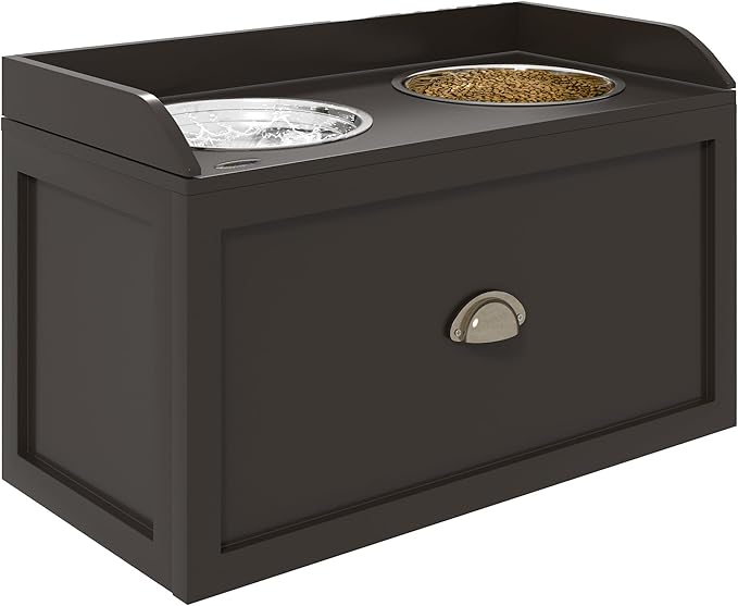 PawHut Dog Feeding Station with Storage Drawer, Dog Food Storage Cabinet with 2 Removable Elevated Pet Bowls for Large Sized Dogs, Coffee