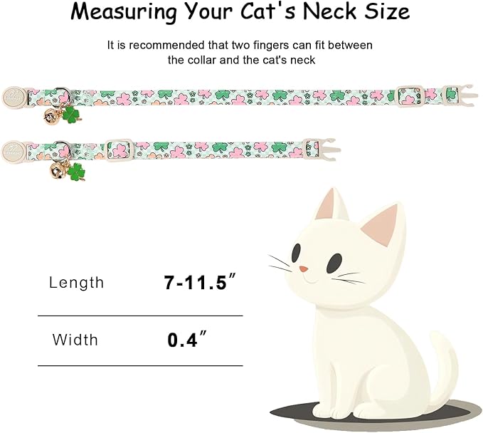 2 Pack St. Patrick’s Day Cat Collars - Breakaway Cat Collar with Bell, Green Lucky Clover Pendant, Adjustable Cute Pastel Rainbow Shamrock Kitten Collars for Boy Girl Cats