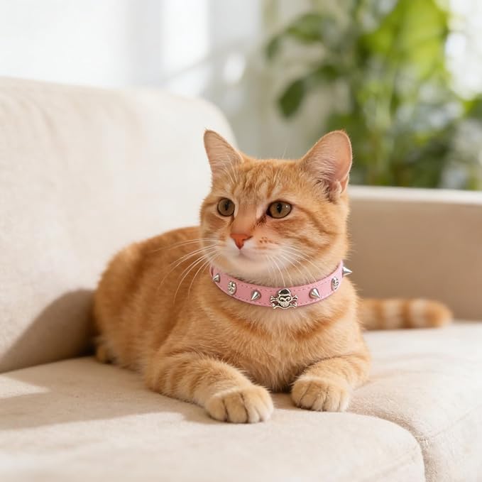 EXPAWLORER Cat Collar for Girl Boy Cats- Adjustable Leather Pet Collar with Safety Elastic Belt,Personalized Punk Accessories Buckle Collars with Bell & Durable D-Ring,Skull & Rivet（Pink）