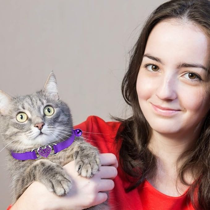 2 Pcs Cat Collars Heart Bling Breakaway with Bell Nylon Adjustable for Kitty (red+Purple)