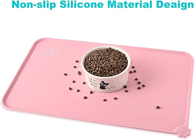 Silicone Waterproof Dog Cat Pet Feeding Mats, Non Slip, Easy Clean Pet Dog Cat Bowl Mats Placemat (18.5" x 11.5") Pink