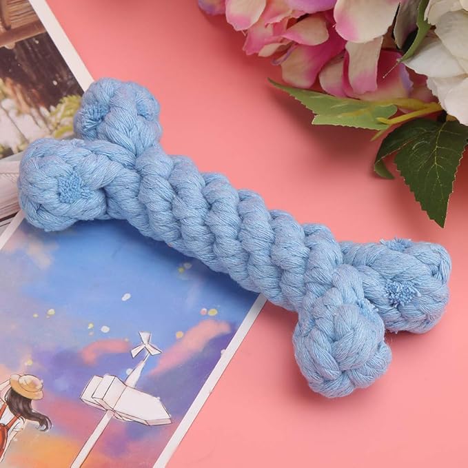 Pet Cotton Rope Biting Chewing Molar Toy, Cartoon Animal Shape & Pure Manual Weaving, Dog Rope Toys with Strong and Hard, Grind and Clean Teeth, Relieve Pressure (Blue Bones)