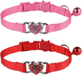 2 Pcs Cat Collars Heart Bling Breakaway with Bell Nylon Adjustable for Kitty (Pink+red)