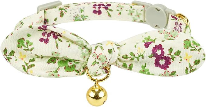 Bowtie Cat Collar with Bell, 2 Pack Cotton Breakaway Kitten Collars with Removeable Bow Stylish Cat Collars, Floral Green & Plaid