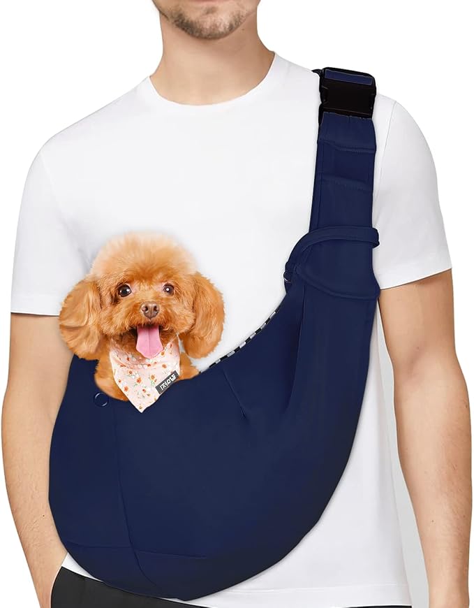 PETLOFT Reversible Dog Cat Sling Carrier, Small Dog Carrier, Adjustable Dog Sling, Hands Free Cross Body Carrier with Collar Hook for Dog/Cat/Bunny up to 11lb (Blue)