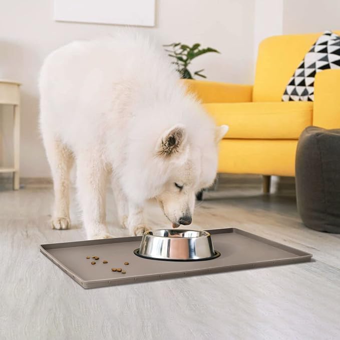 Dog Food Mat,Silicone Waterproof Food Tray,Non Slip Pet Bowl Mats Placemat,0.6" Raised Edge,Suitable for Most Small and Medium Sized Pets,18.5" x 11.5"