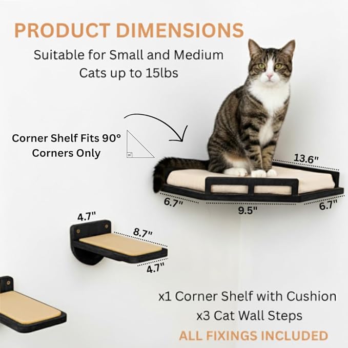 INICIO Cat Wall Shelves - Safe and Sturdy Cat Wall Furniture - Stylish Natural Wood Corner Shelf with 3 Steps for Cats up to 15lbs - Cushioned Perch and Stairs for Climbing and Playing - Black