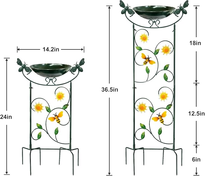 HONGLAND 36.5" Metal Bird Bath with Trellis, Outdoor Garden Birdbath with Detachable Bowl & Climbing Plant Support, Decorative Bird Feeder Station with Bee for Yard, Patio, Fence