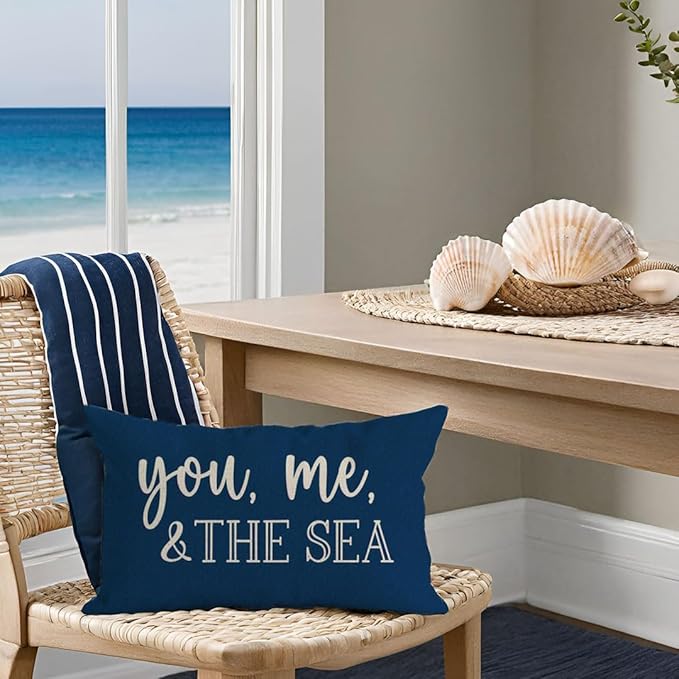 PANDICORN Summer Beach Throw Pillow Cover 12x20 Inch Sayings You Me and The Sea Ocean Sea Coastal Blue Outdoor Nautical Decorations Lumbar Decorative Cushion Case for Home Living Room Sofa Couch Decor
