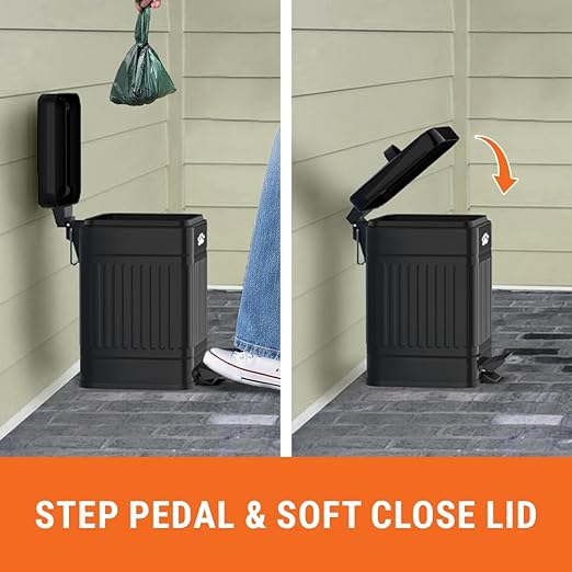 Pupzle Small Dog Poop Trash Can Outside, 1.3 Gal Metal Dog Waste Trash Can, Small Poop Bucket Outdoor with Lid, Poo Container Bin Waterproof Backyard Odor Control, 30 Bags (Black)