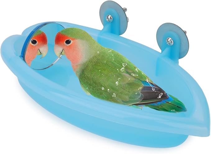 Hypeety Bird Bath with Mirror Portable Bird Bath Bird Bathroom for Pet Parrots Bathing Tub Bath Box Bird Shower Bathtub Accessories (Blue-Bird Bathtub with Mirror)