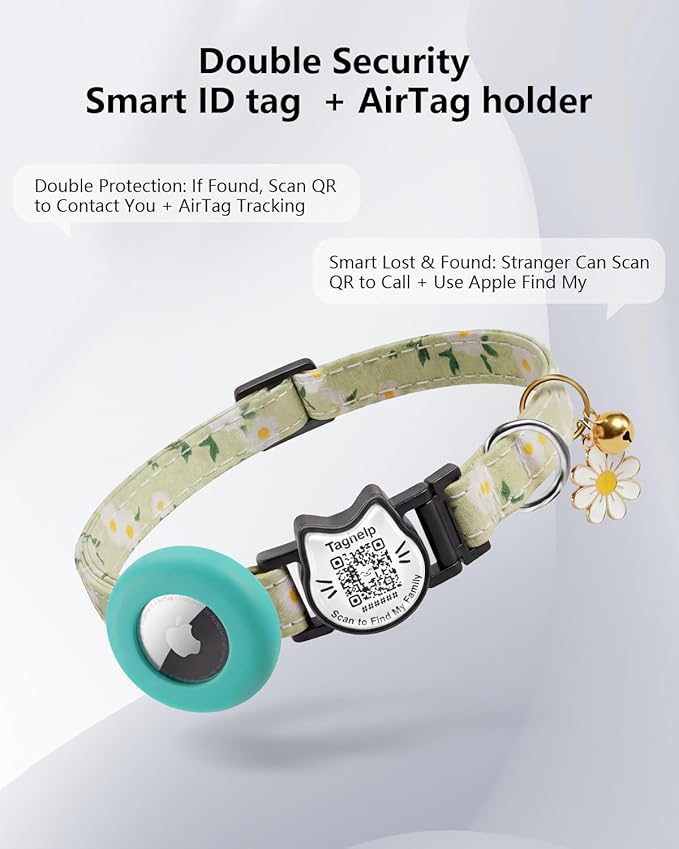 Cute Floral Breakaway Cat Collar with QR Code ID, Lightweight Cotton Safety Collar with Bell & AirTag Holder for Kittens and Cats,Pastoral Style with airtag Holder(Green)