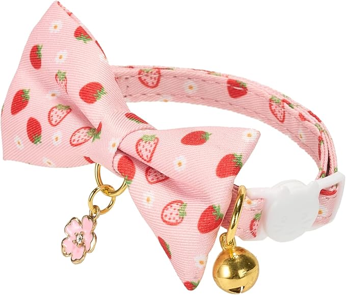 2 Pack Cat Collars, Removable Bowtie, Floral Pattern, Safety Breakaway Clasp, Adjustable for Cats.(Adult Cat, Pink Strawberry and White Heart)