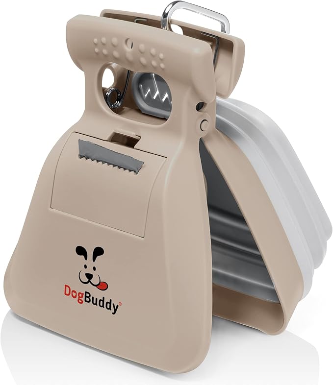 DogBuddy Pooper Scooper, Portable Dog Pooper Scooper, Poop Scooper for Small and Large Dogs, Pooper Scooper with Bag Attachment, Leash Clip and Dog Waste Bags Included (Large, Taupe)