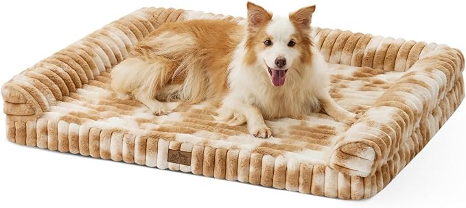 Cute Dog Bed for Large Dogs, Faux Rabbit Fur Orthopedic Foam Dog Bed with Sides, Removable Washable Cover & Waterproof Lining, Comfortable Pet Couch, Tie-Dye Brown (44" L x 32" W x 7" Th)