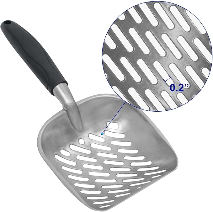 Cat Litter Scoop, Aluminum Alloy Sifter, Durable Metal Poop Scooper with Deep Shovel and Diagonal Holes, Long Ergonomic Handle, Black Handle for Easy Cleaning