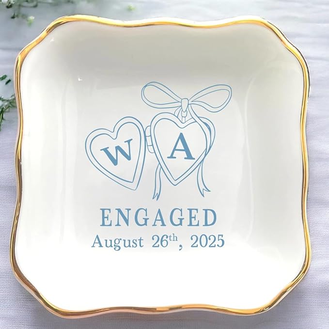 Personalized Locket Wedding Ring Dish, Custom Initial Engaged Rings Holder, Custom Wedding Jewelry Tray, Married Trinket Dishs, Engagement Party Keepsake Gifts for Newly Engaged Couple