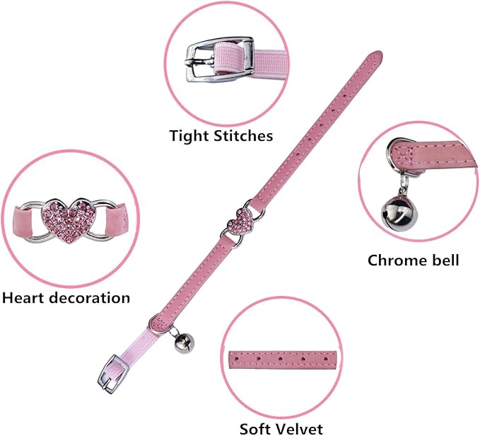 Heart Bling Cat Collar with Safety Belt and Bell Adjustable 8-10 inches for Kitten Cats (Black+Pink)