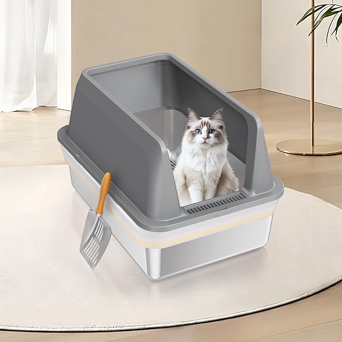 Stainless Steel Sifting Litter Box with Lid, High Sides XXL Extra Large Sifting Cat Litter Box for Pine Pellets & Big Cats, Sifter Litter Pan System for Odor Control,Sifting Box Liners & Scoop