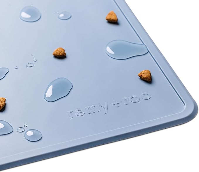 Remy+Roo Dusty Blue Silicone Dog Food Mat for Pet Bowl | 100% Waterproof | Non-Slip | Dishwasher Safe
