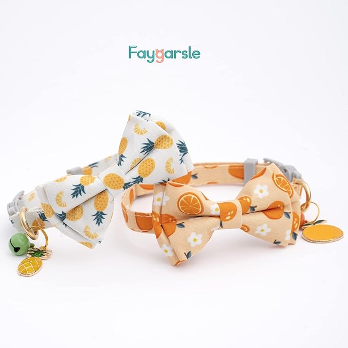 Faygarsle 2 Pack Cute Cat Collar With Bell Breakaway Bowtie for Male Female Cats - Soft Fancy Orange Yellow Pineapple Pattern Summer Collar for Boy Girl Cats
