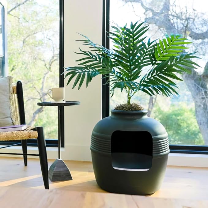 Good Pet Stuff Hidden Litter Box Planter, Decorative Cat Litter Enclosure with Carbon Filter, Artificial Plant, Easy Clean, Removable Liner, Round Style, Essentials Kit, Matte Black