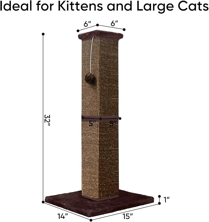 Cat Scratching Post 32 Inch for Indoor Large Cats and Kitten, Nature Sisal Tall Cat Scratch Post, Sisal Cat Scratcher Improve Cat's Scratching Habits and Protect Your Furniture, Full Brown