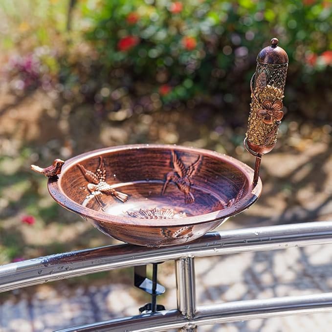DREAMSOUL 13" Dia Deck Mounted Bird Bath with Clamp, Metal Bird Bath and Feeder Detachable Unheated Birdbath for Deck Railing