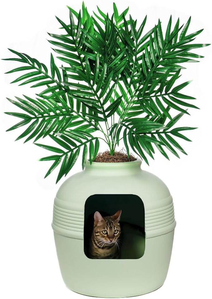 Good Pet Stuff Hidden Litter Box Planter, Decorative Cat Litter Enclosure with Carbon Filter, Artificial Plant, Easy Clean, Indoor Design, Original Round Style, Base Kit, Seagrass Green