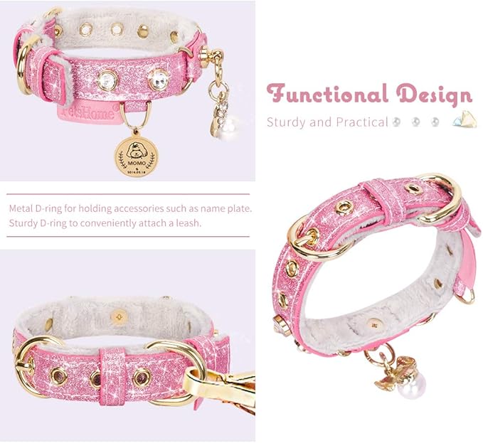 PetsHome Cat Collar, Dog Collar, [Bling Rhinestones] PU Leather Adjustable Pet Collar with Luxury Pendant for Big Cat and Small to Medium Dog Small Pink