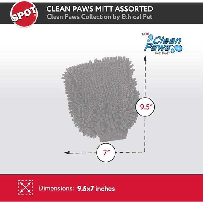 SPOT Clean Paws Chenille Microfiber Dog Towel Mitt - Super Absorbent, Quick-Drying, Washable, Double-Sided Glove for Wet Paws & Body, Durable, Odor-Free, Gently Massages & Dries, 9.5in x 7in