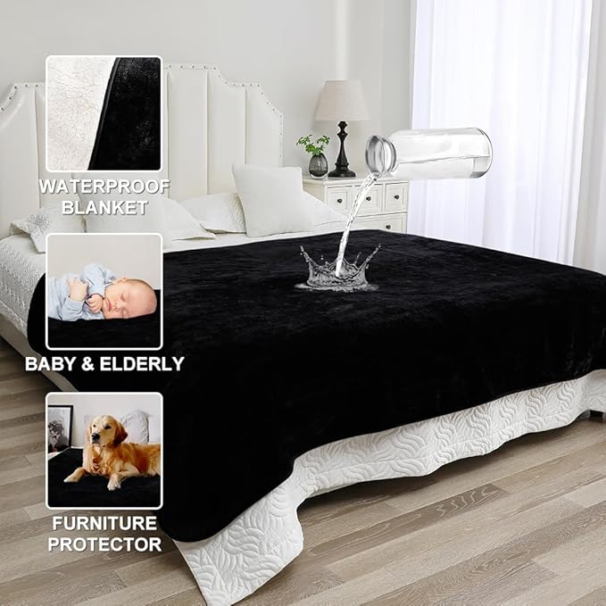 Waterproof Blanket for Beds – Ideal for Couch & Pets Splash Proof Sherpa Throw, Leakproof TPU Layer, Stain Resistant Washable Bed Protector – Black, 90"x 80"