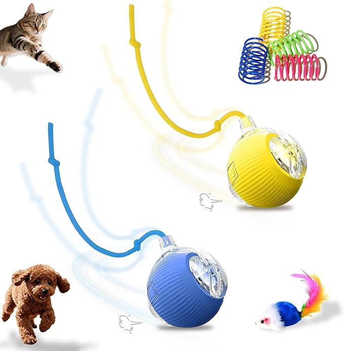 2-Pack Interactive Cat Toys Ball for indoor Cats＆Dog,Automatic Cat Toy 360° Auto-Rotation Smart Obstacle Avoidance,Includes 4 Cat Spiral Spring,Cat Enrichment Toys for Indoor Cats (Yellow＆Blue)