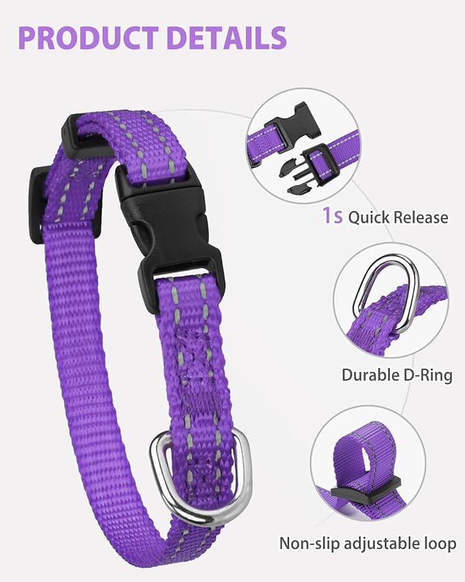 Joytale Small Dog Collar, Reflective and Adjustable Nylon Collar with Quick-Release Buckle, Lightweight No-Choke Design for Puppy and Extra Small Dogs, Purple, XS