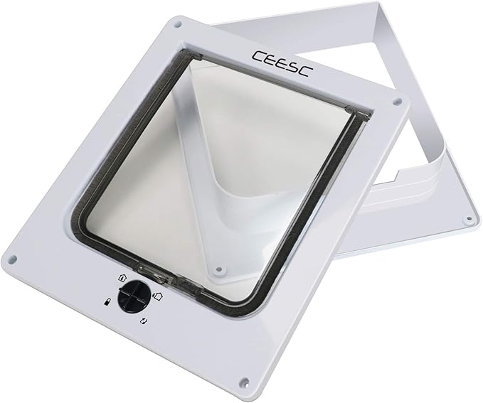 CEESC Large Cat Door for Interior/Exterior Door, Weatherproof, White, Rotary 4 Way Locking Pet Door for Cats & Dogs with Circumference < 23.62", Upgraded Version