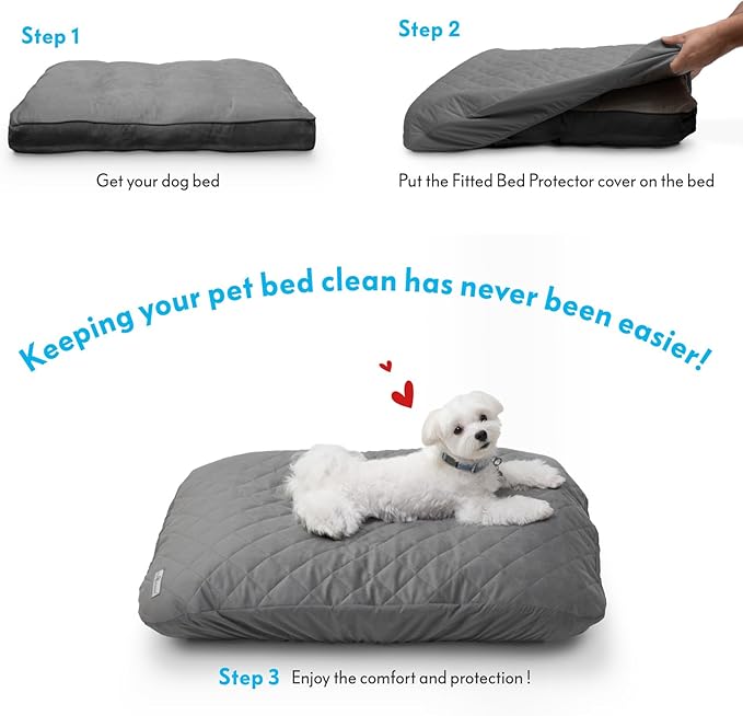 Paw Inspired Waterproof Fitted Cover for Dog Bed | Washable Bed Protector for Dog Mattress | Removable Replacement Cover for Medium to Large Pet Bed (Gray, 36 x 27 x 5 Inch)