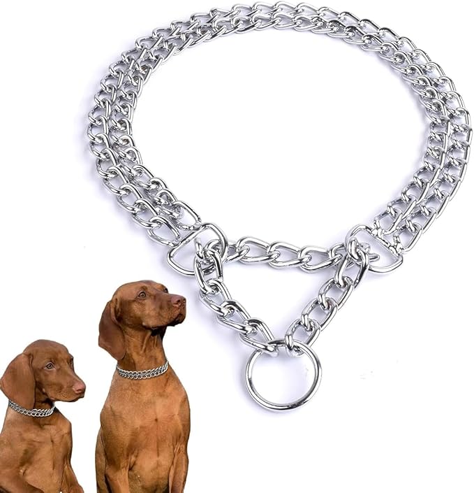 Silver Dog Choker Collar,2 Rows Stainless Steel Dog Chain Cuban Link Metal Martingale Collar Heavy Duty Training Choke Collar for Small Medium Large Big Breed (Silver, S(Neck Max 12inch) D2.0mm)