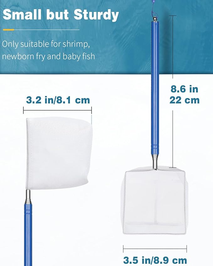 Pawfly Aquarium Shrimp Net Tiny Fish Tank Net with Extendable Stainless Steel Handle Soft Square Fine Net Mesh for Shrimp Baby Fish Food Residue Debris Skimming Net for Small Ponds