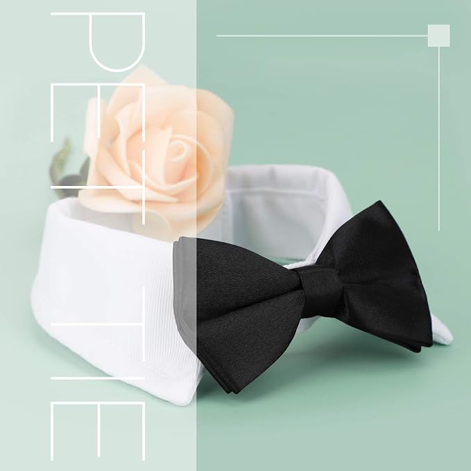 Segarty Dog Tuxedo Collar for Neck Girth 12.6-15.7in, Bow Tie Collar Black Bowtie with Handcrafted Adjustable White Formal Pet Cats Necktie Collars for Medium Large Boy Dog Wedding Grooming Birthday